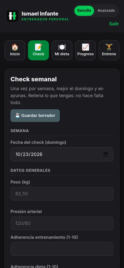 Formulario del check semanal: peso, medidas y fotos (datos de demostración)