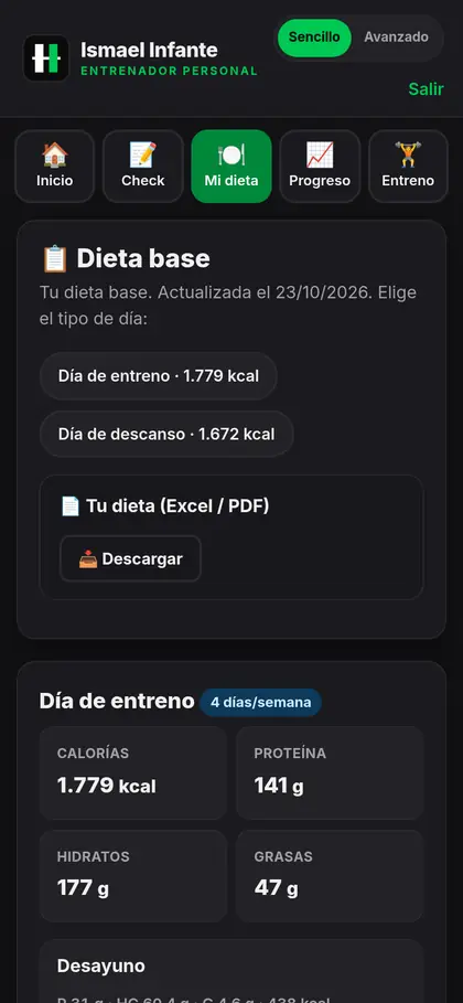 Dieta del cliente con calorías y macros por tipo de día, leída del Excel del entrenador (datos de demostración)