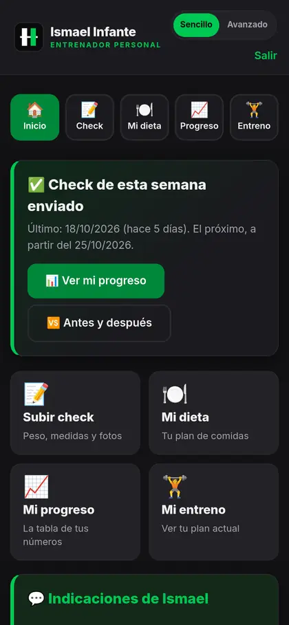 Inicio del cliente en la app de entreno: estado del check semanal y accesos a dieta, progreso y entreno (datos de demostración)