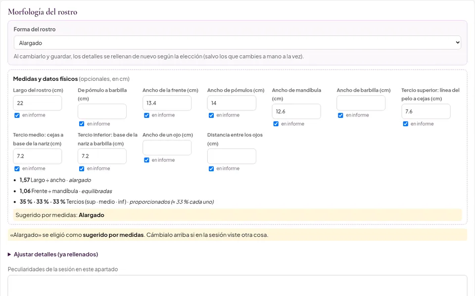 Panel de la app de informes de giulimage: medidas del rostro con ratios calculados y forma sugerida (datos de ejemplo)