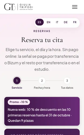 App de reservas de giulimage.com en el móvil, con los 3 pasos
